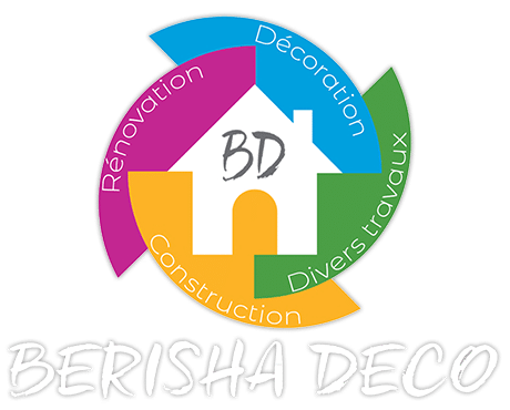 Logo Berisha Deco : maison centrale entourée de Rénovation, Décoration, Construction et Divers travaux.